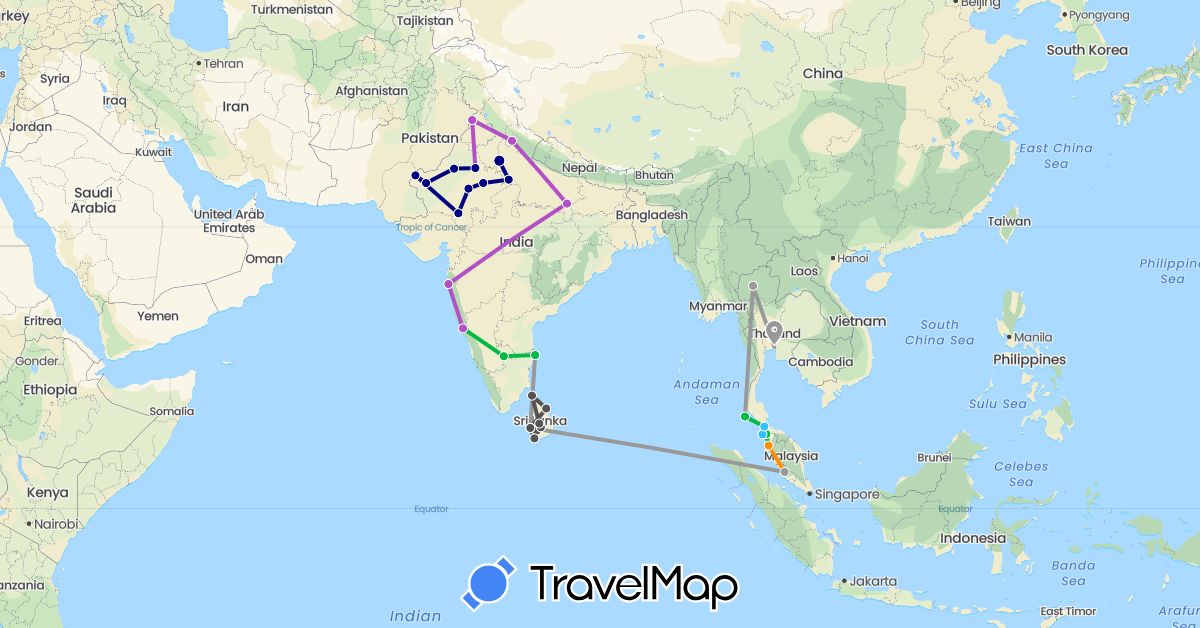 TravelMap itinerary: driving, bus, plane, train, boat, hitchhiking, motorbike in India, Sri Lanka, Malaysia, Thailand (Asia)